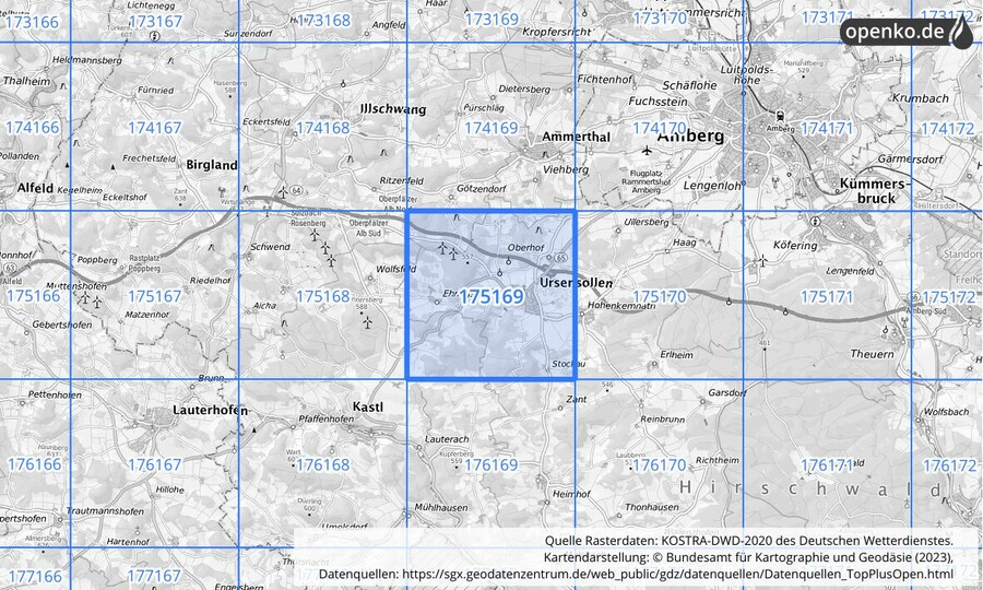 Übersichtskarte des KOSTRA-DWD-2020-Rasterfeldes Nr. 175169