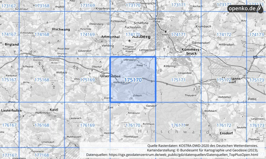 Übersichtskarte des KOSTRA-DWD-2020-Rasterfeldes Nr. 175170