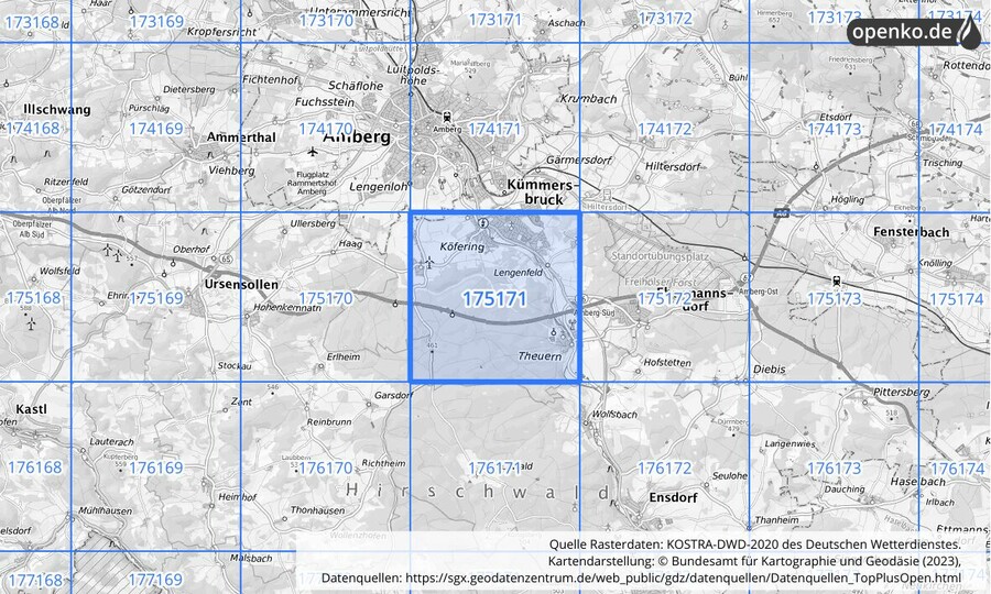 Übersichtskarte des KOSTRA-DWD-2020-Rasterfeldes Nr. 175171
