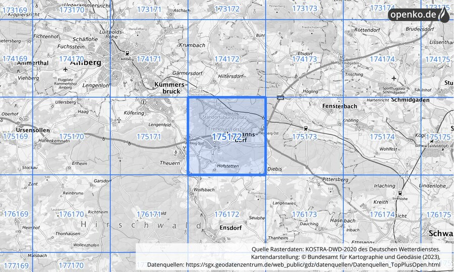 Übersichtskarte des KOSTRA-DWD-2020-Rasterfeldes Nr. 175172