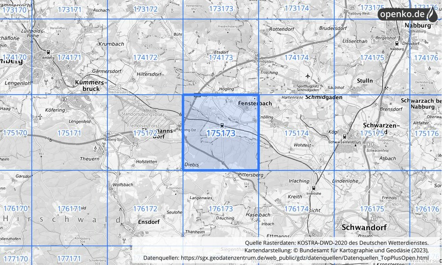 Übersichtskarte des KOSTRA-DWD-2020-Rasterfeldes Nr. 175173