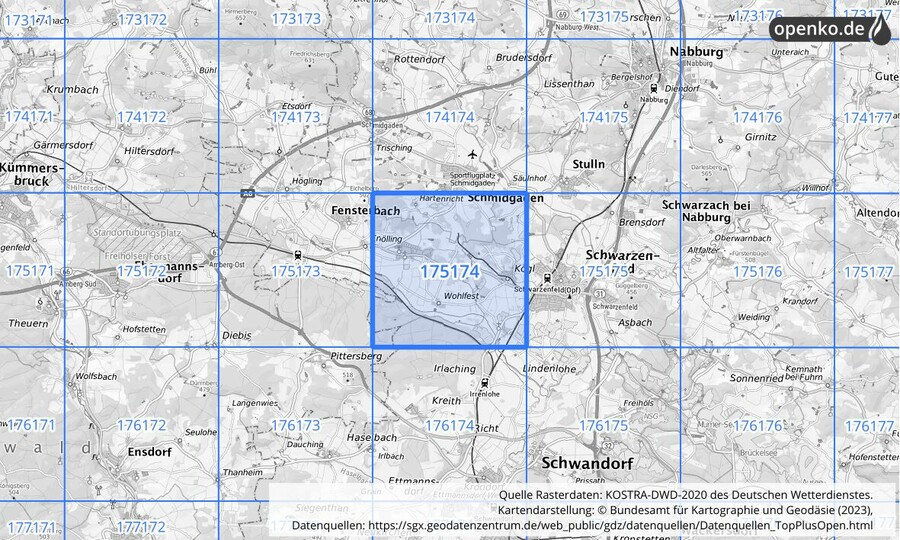 Übersichtskarte des KOSTRA-DWD-2020-Rasterfeldes Nr. 175174