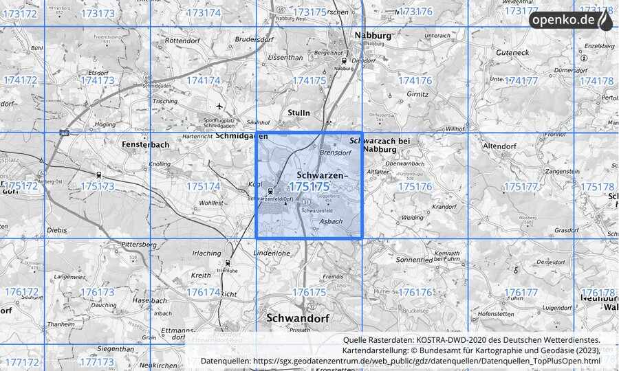 Übersichtskarte des KOSTRA-DWD-2020-Rasterfeldes Nr. 175175