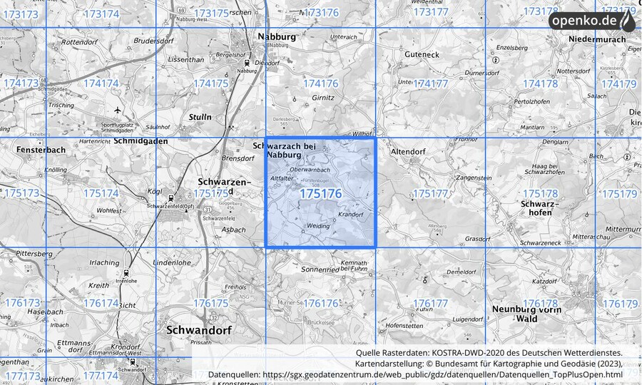 Übersichtskarte des KOSTRA-DWD-2020-Rasterfeldes Nr. 175176