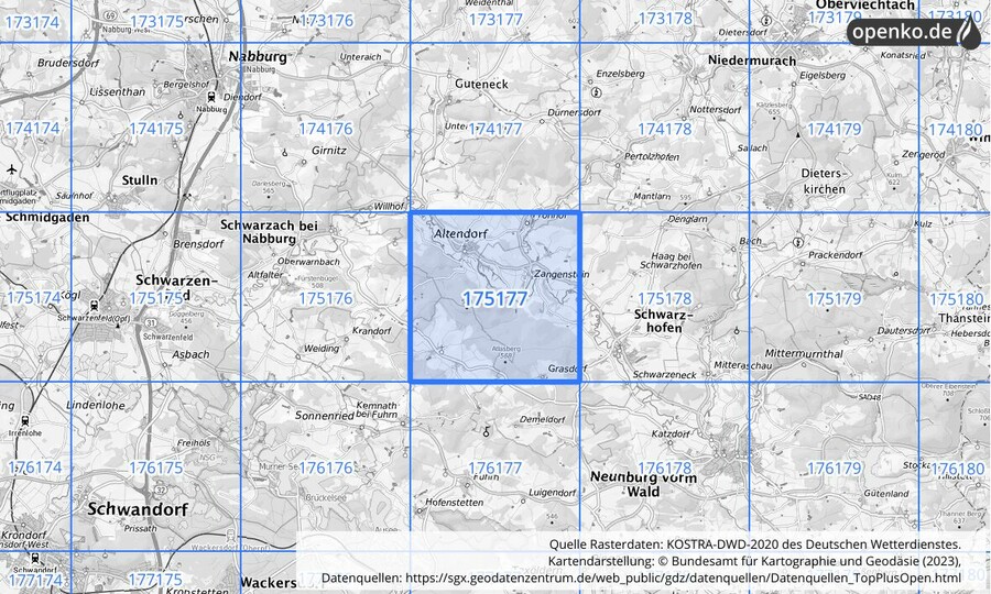 Übersichtskarte des KOSTRA-DWD-2020-Rasterfeldes Nr. 175177