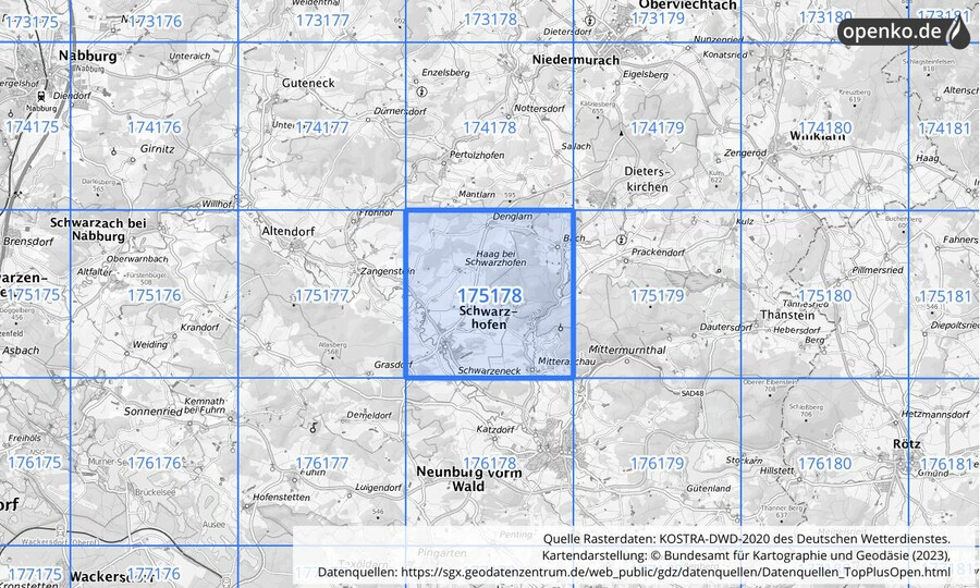 Übersichtskarte des KOSTRA-DWD-2020-Rasterfeldes Nr. 175178