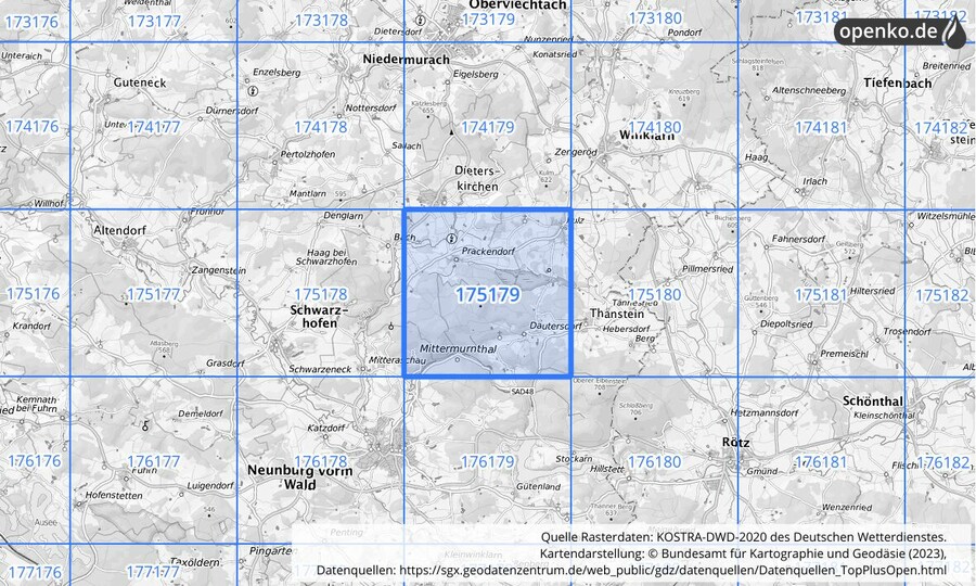 Übersichtskarte des KOSTRA-DWD-2020-Rasterfeldes Nr. 175179