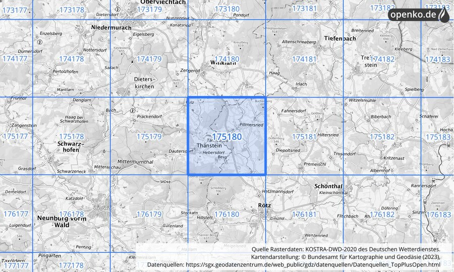 Übersichtskarte des KOSTRA-DWD-2020-Rasterfeldes Nr. 175180