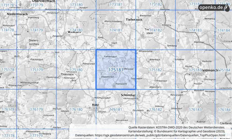 Übersichtskarte des KOSTRA-DWD-2020-Rasterfeldes Nr. 175181