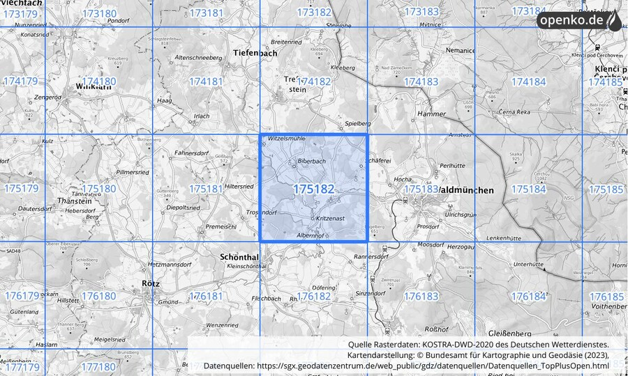 Übersichtskarte des KOSTRA-DWD-2020-Rasterfeldes Nr. 175182