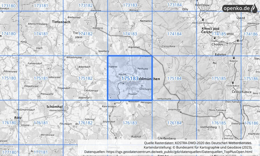 Übersichtskarte des KOSTRA-DWD-2020-Rasterfeldes Nr. 175183