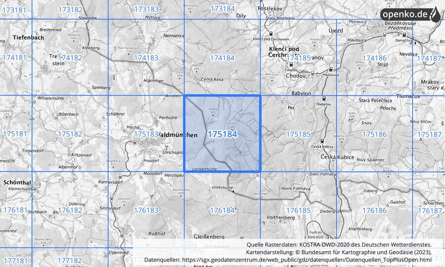 Übersichtskarte des KOSTRA-DWD-2020-Rasterfeldes Nr. 175184