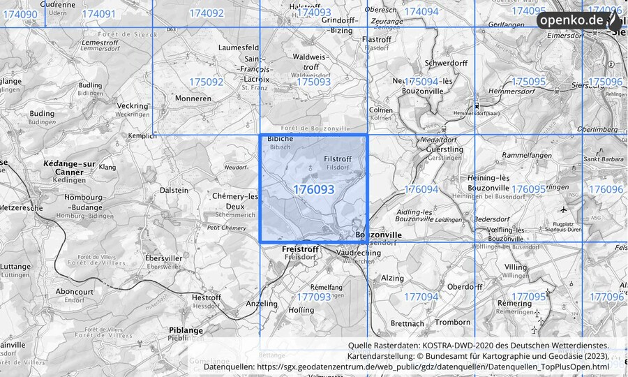 Übersichtskarte des KOSTRA-DWD-2020-Rasterfeldes Nr. 176093