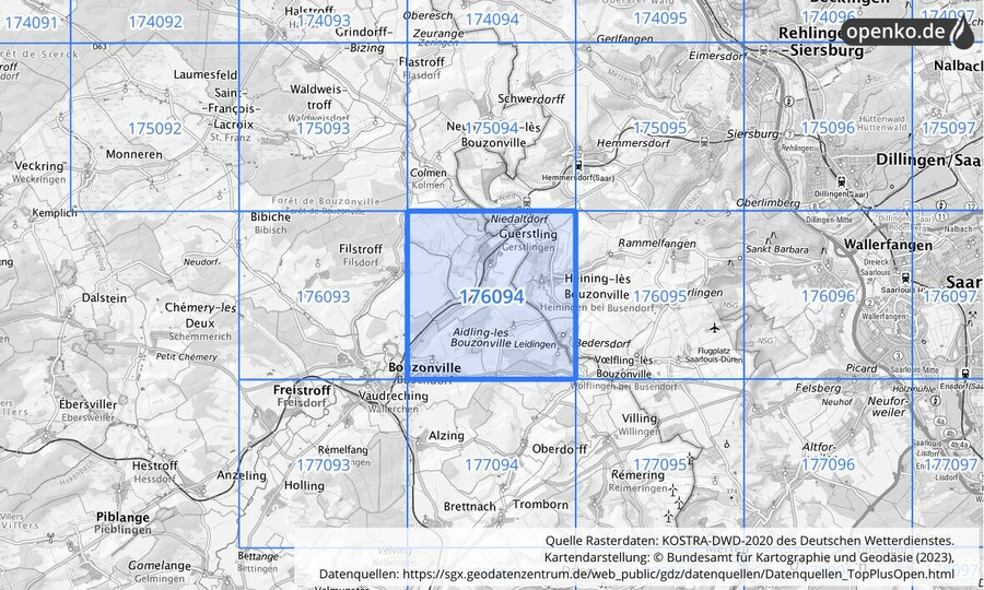 Übersichtskarte des KOSTRA-DWD-2020-Rasterfeldes Nr. 176094