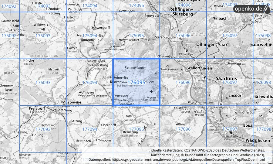 Übersichtskarte des KOSTRA-DWD-2020-Rasterfeldes Nr. 176095