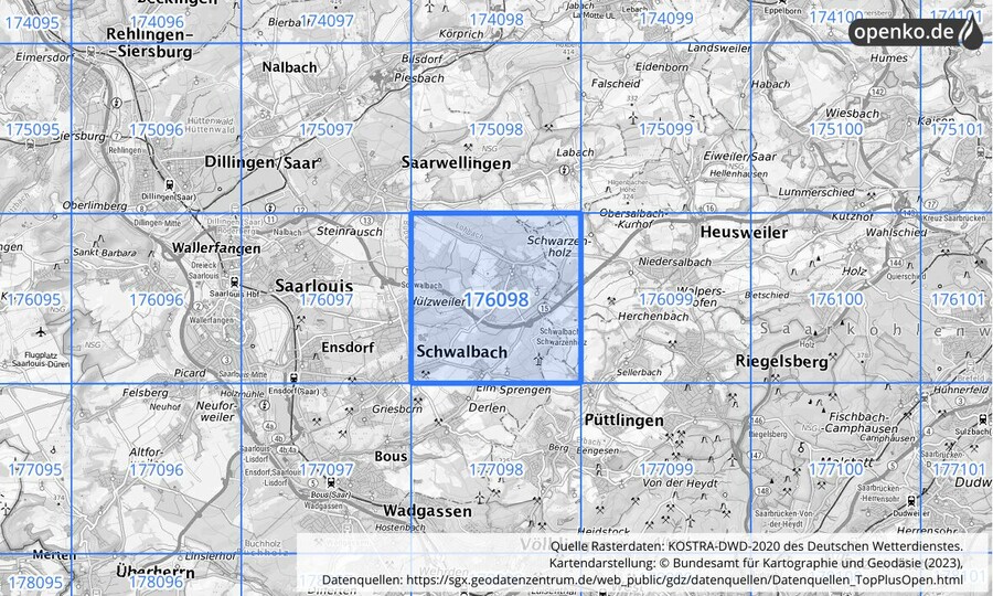 Übersichtskarte des KOSTRA-DWD-2020-Rasterfeldes Nr. 176098