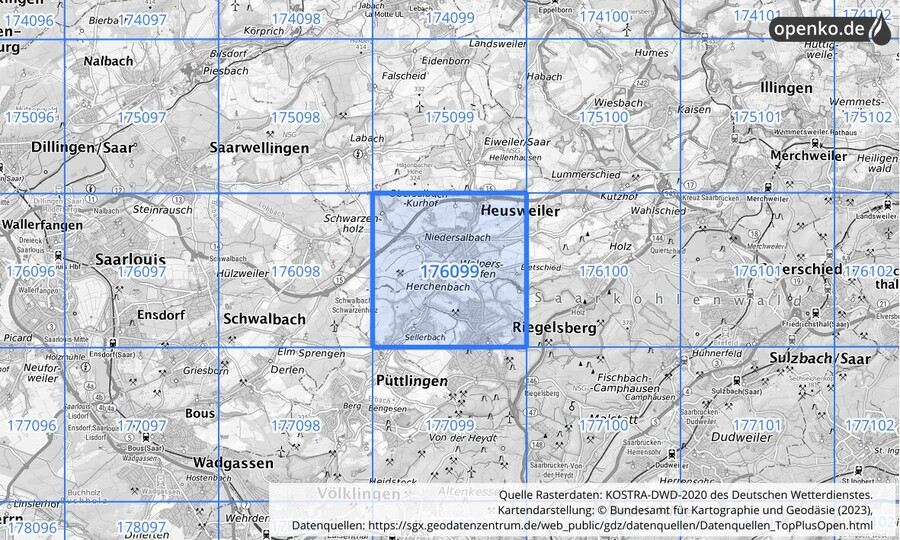 Übersichtskarte des KOSTRA-DWD-2020-Rasterfeldes Nr. 176099