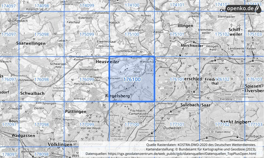 Übersichtskarte des KOSTRA-DWD-2020-Rasterfeldes Nr. 176100