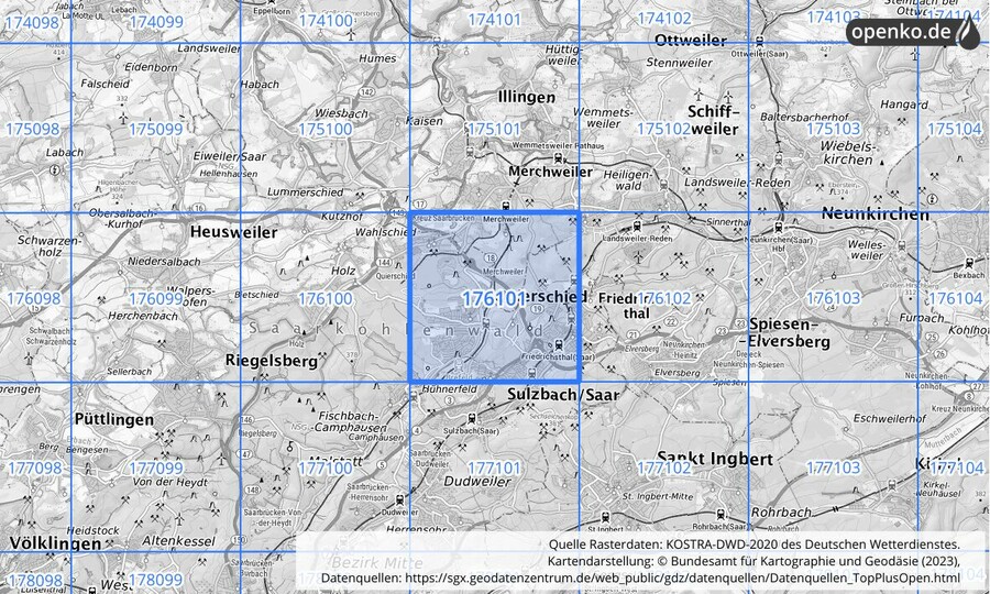 Übersichtskarte des KOSTRA-DWD-2020-Rasterfeldes Nr. 176101