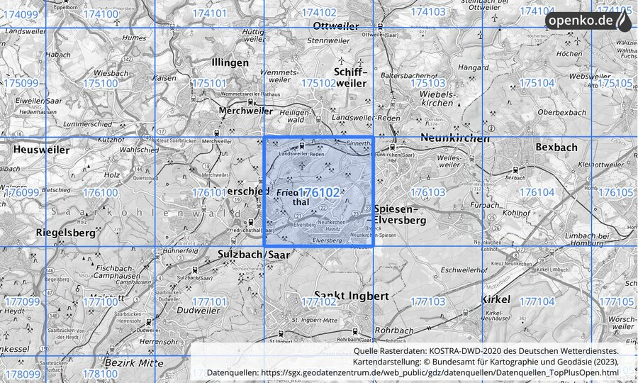 Übersichtskarte des KOSTRA-DWD-2020-Rasterfeldes Nr. 176102