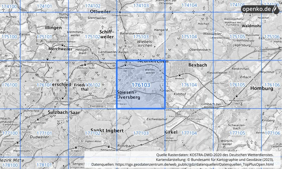 Übersichtskarte des KOSTRA-DWD-2020-Rasterfeldes Nr. 176103
