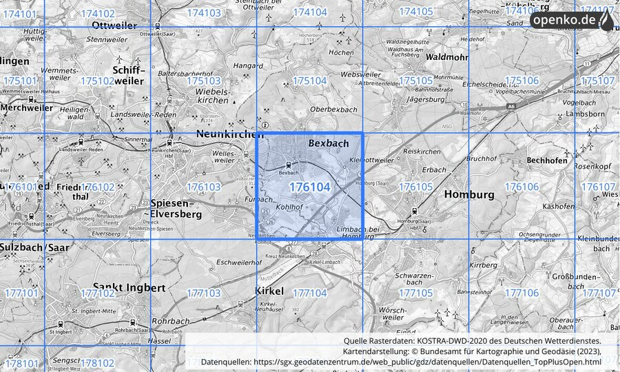 Übersichtskarte des KOSTRA-DWD-2020-Rasterfeldes Nr. 176104