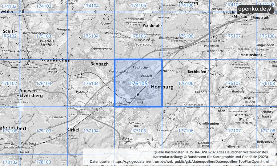 Übersichtskarte des KOSTRA-DWD-2020-Rasterfeldes Nr. 176105