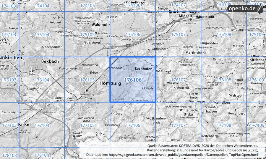 Übersichtskarte des KOSTRA-DWD-2020-Rasterfeldes Nr. 176106