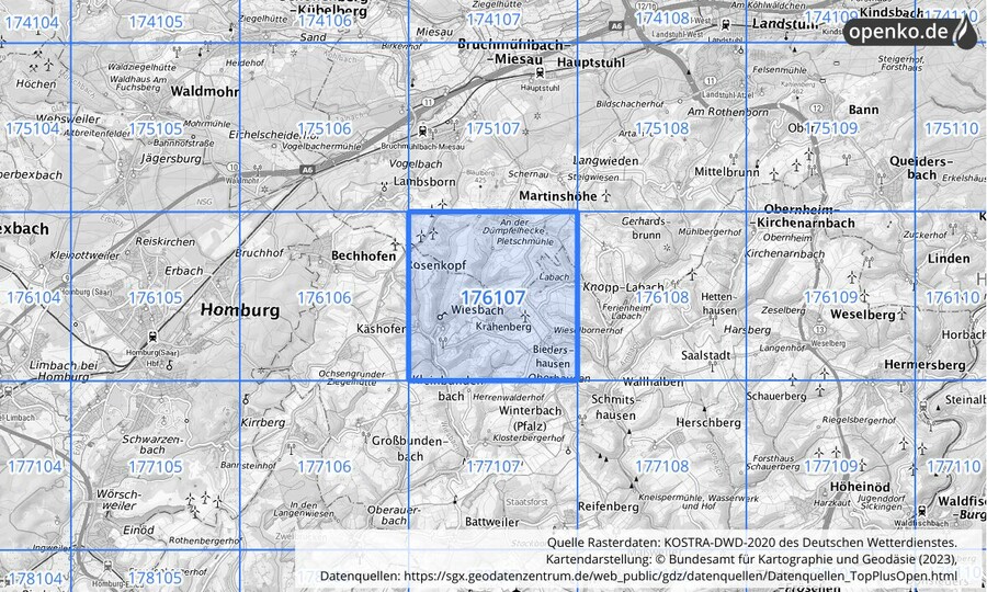 Übersichtskarte des KOSTRA-DWD-2020-Rasterfeldes Nr. 176107