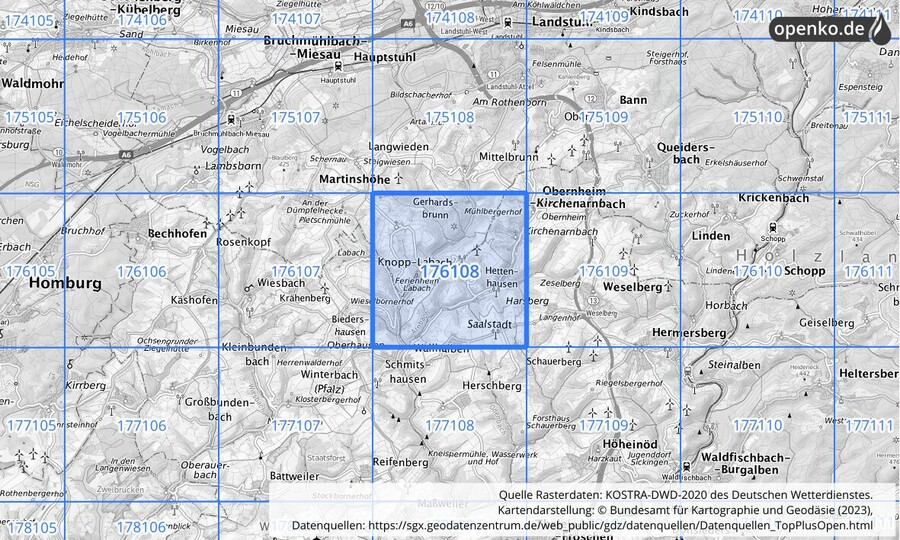 Übersichtskarte des KOSTRA-DWD-2020-Rasterfeldes Nr. 176108