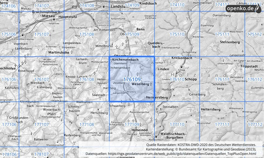 Übersichtskarte des KOSTRA-DWD-2020-Rasterfeldes Nr. 176109