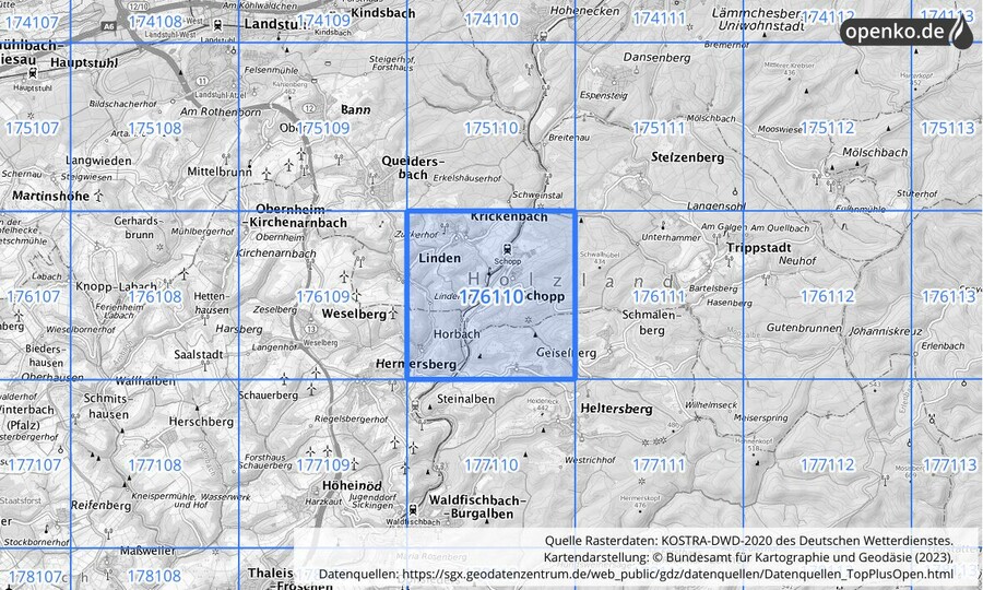 Übersichtskarte des KOSTRA-DWD-2020-Rasterfeldes Nr. 176110