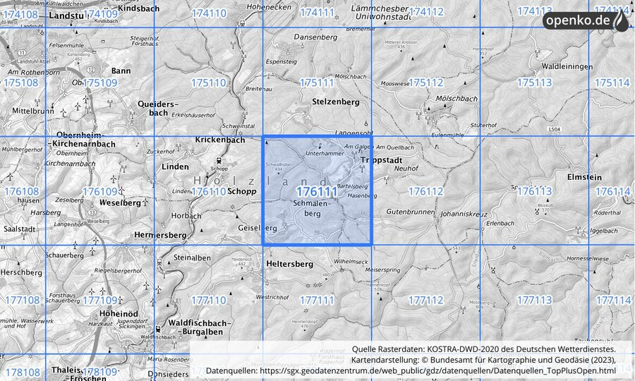 Übersichtskarte des KOSTRA-DWD-2020-Rasterfeldes Nr. 176111