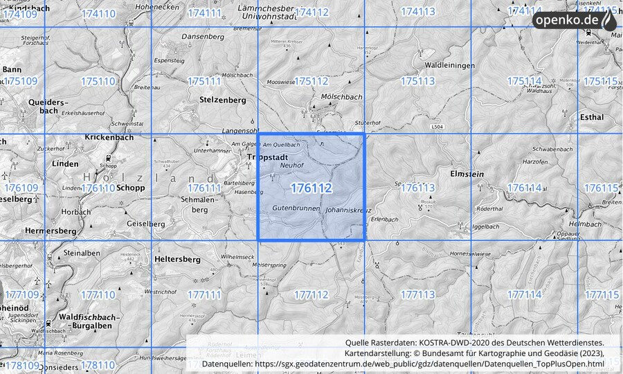 Übersichtskarte des KOSTRA-DWD-2020-Rasterfeldes Nr. 176112