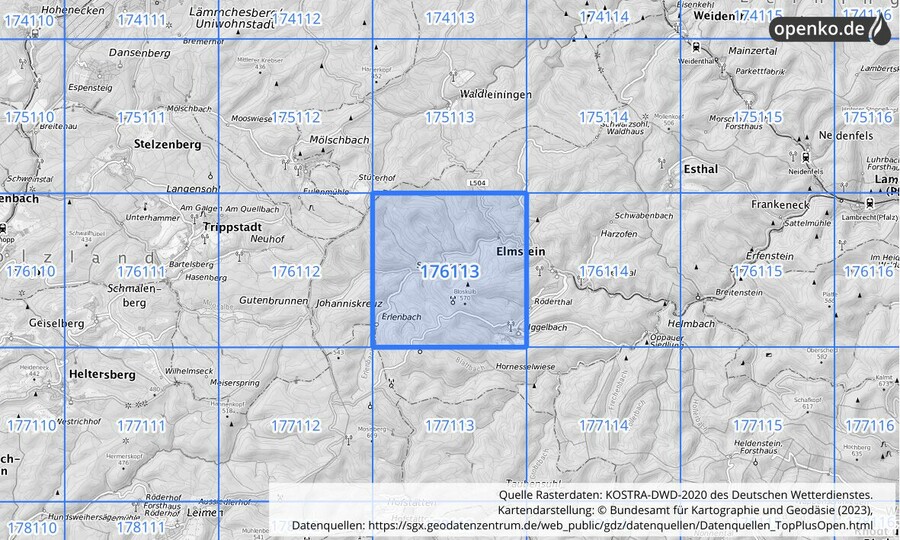 Übersichtskarte des KOSTRA-DWD-2020-Rasterfeldes Nr. 176113