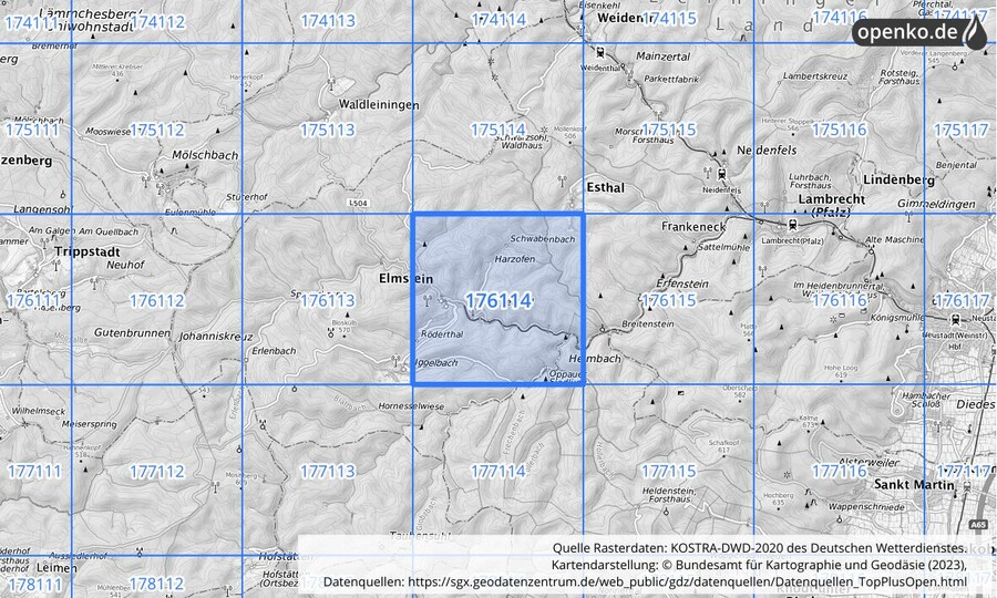 Übersichtskarte des KOSTRA-DWD-2020-Rasterfeldes Nr. 176114