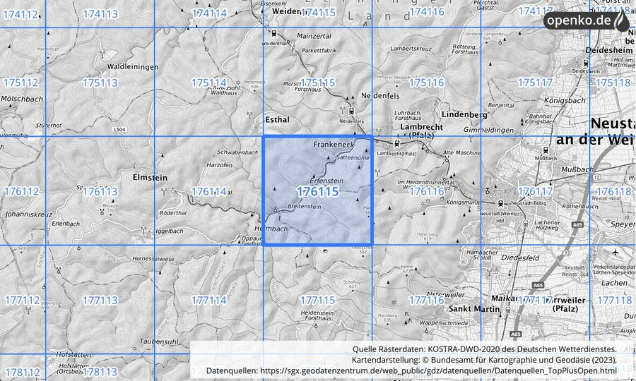 Übersichtskarte des KOSTRA-DWD-2020-Rasterfeldes Nr. 176115