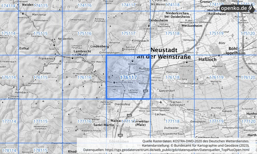 Übersichtskarte des KOSTRA-DWD-2020-Rasterfeldes Nr. 176117