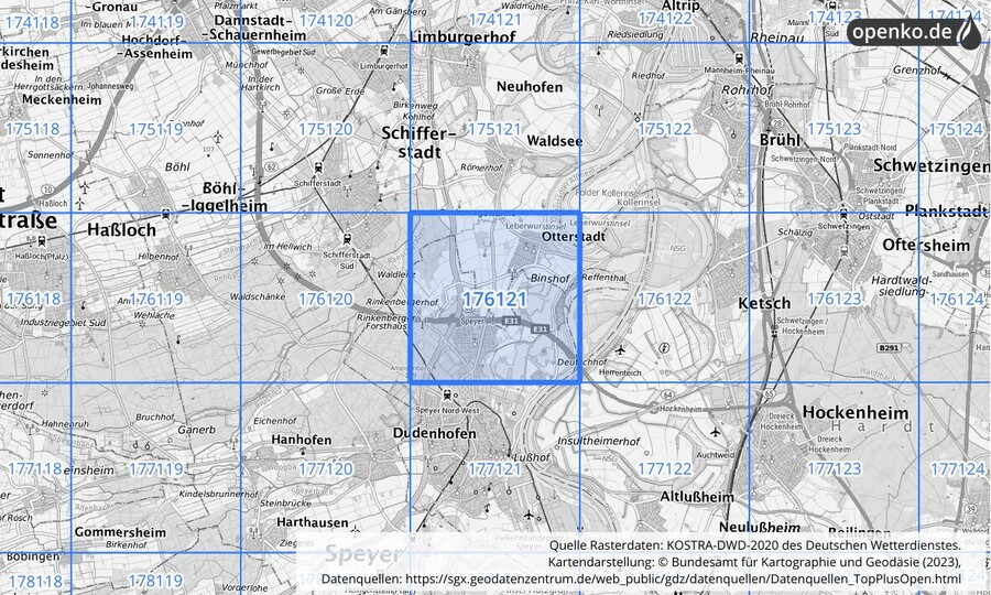 Übersichtskarte des KOSTRA-DWD-2020-Rasterfeldes Nr. 176121