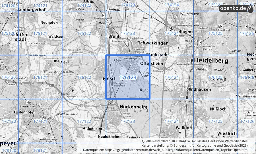 Übersichtskarte des KOSTRA-DWD-2020-Rasterfeldes Nr. 176123