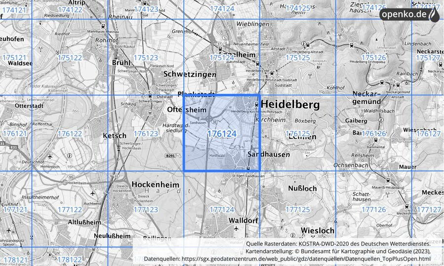 Übersichtskarte des KOSTRA-DWD-2020-Rasterfeldes Nr. 176124