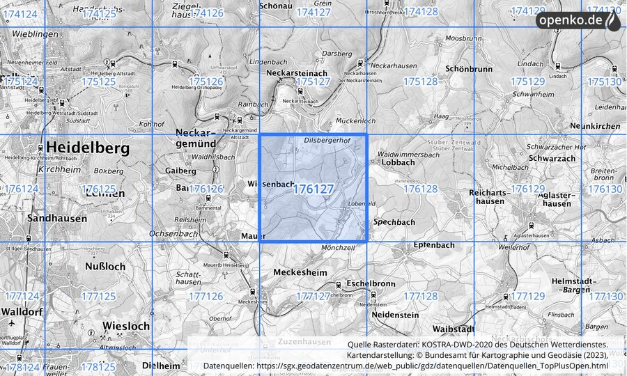 Übersichtskarte des KOSTRA-DWD-2020-Rasterfeldes Nr. 176127