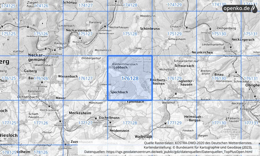 Übersichtskarte des KOSTRA-DWD-2020-Rasterfeldes Nr. 176128