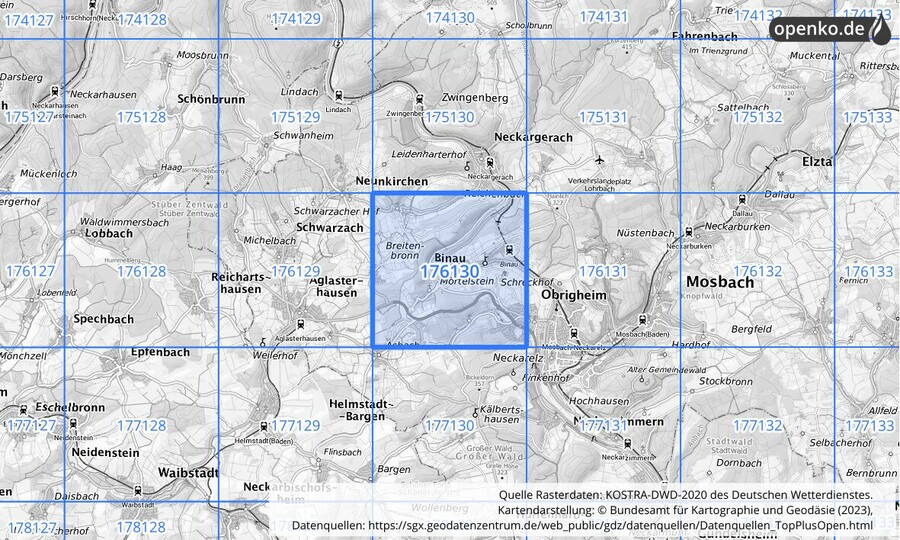 Übersichtskarte des KOSTRA-DWD-2020-Rasterfeldes Nr. 176130