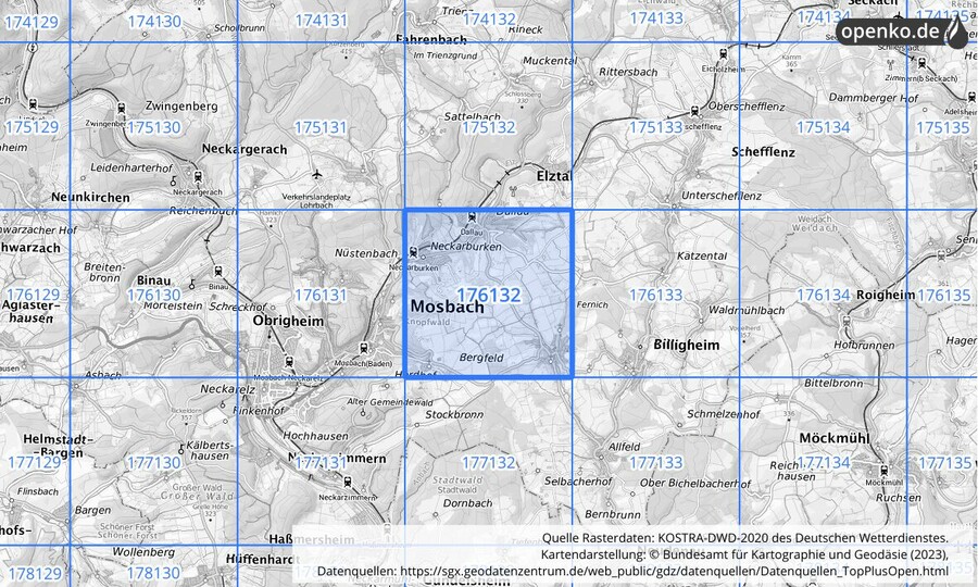 Übersichtskarte des KOSTRA-DWD-2020-Rasterfeldes Nr. 176132