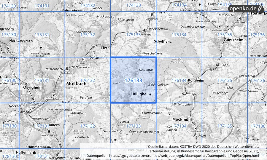 Übersichtskarte des KOSTRA-DWD-2020-Rasterfeldes Nr. 176133