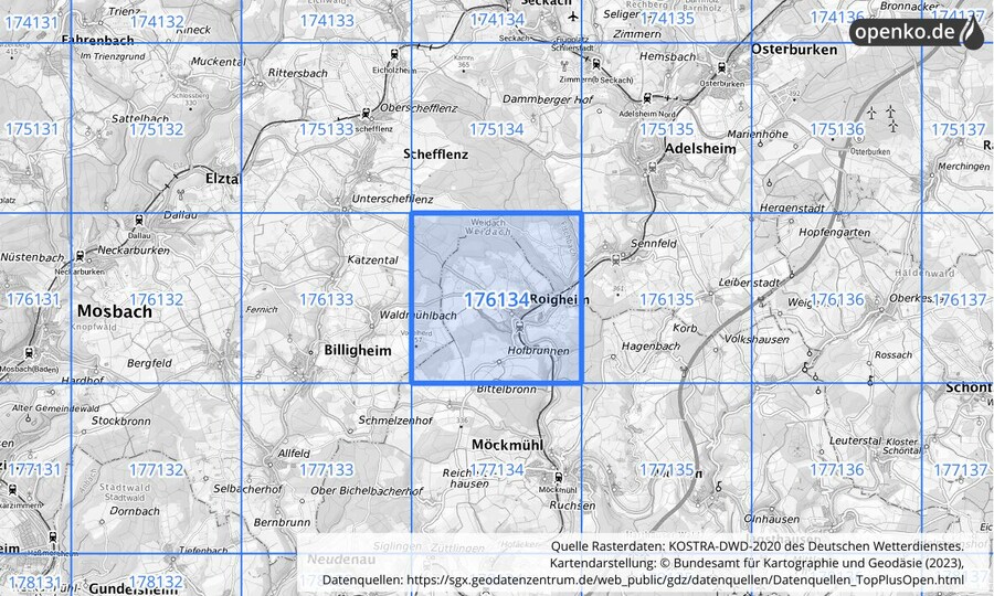 Übersichtskarte des KOSTRA-DWD-2020-Rasterfeldes Nr. 176134