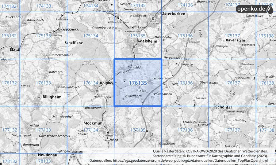 Übersichtskarte des KOSTRA-DWD-2020-Rasterfeldes Nr. 176135