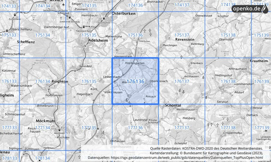 Übersichtskarte des KOSTRA-DWD-2020-Rasterfeldes Nr. 176136
