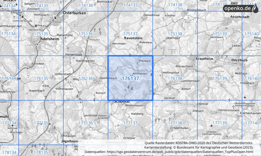 Übersichtskarte des KOSTRA-DWD-2020-Rasterfeldes Nr. 176137